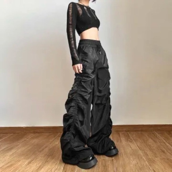 Y2k Kpopstyle Style Gathered‎ Drawstring Wide Leg Cargo Pants Size M - Picture 12 of 16